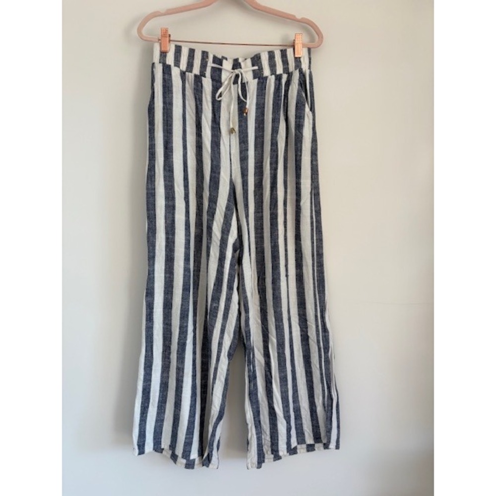 Indero Blue White Striped Linen‎ Blend Wide Leg Drawstring Pants Womens XL